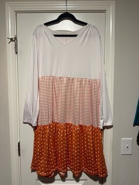 White and Orange Tiered Polka Dot Long Sleeve Dress